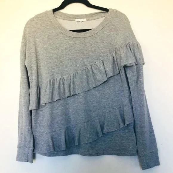 Sold Anthropologie Pleione French Terry Gray Tiered Ruffle Sweater- Size Medium - Picture 4 of 10